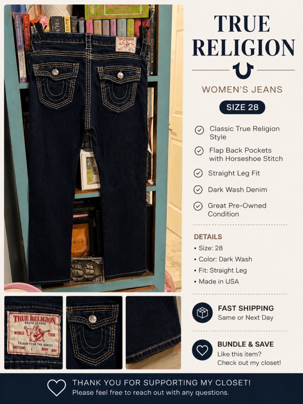 True Religion Jeans Dark Wash Straight Leg Flap Pocket Y2K Premium Denim